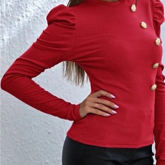 Elegant Red Button-Detail Women's Top - Picture 3 of 6